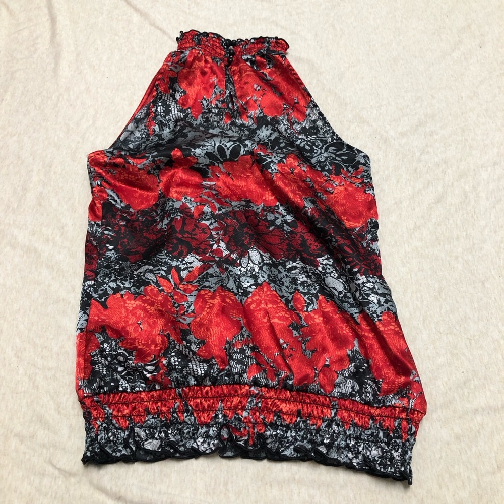 Vintage Y2K izBYER Dark Floral Satin Top High Neck Whimsigoth Dark Fairy Smocked - Picture 5 of 6
